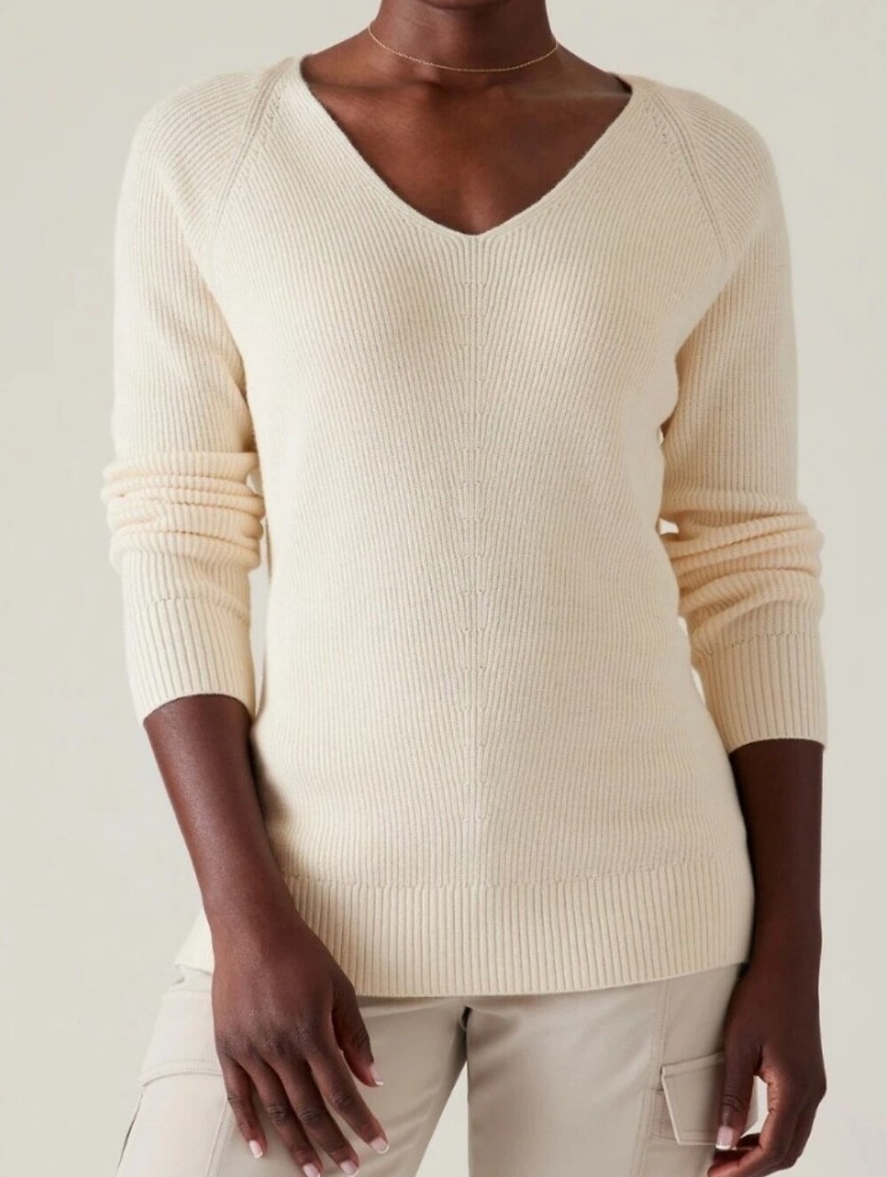 Athleta Merino Wool Cream Hanover Refined V-Neck Sweater Quiet Luxury Classic
